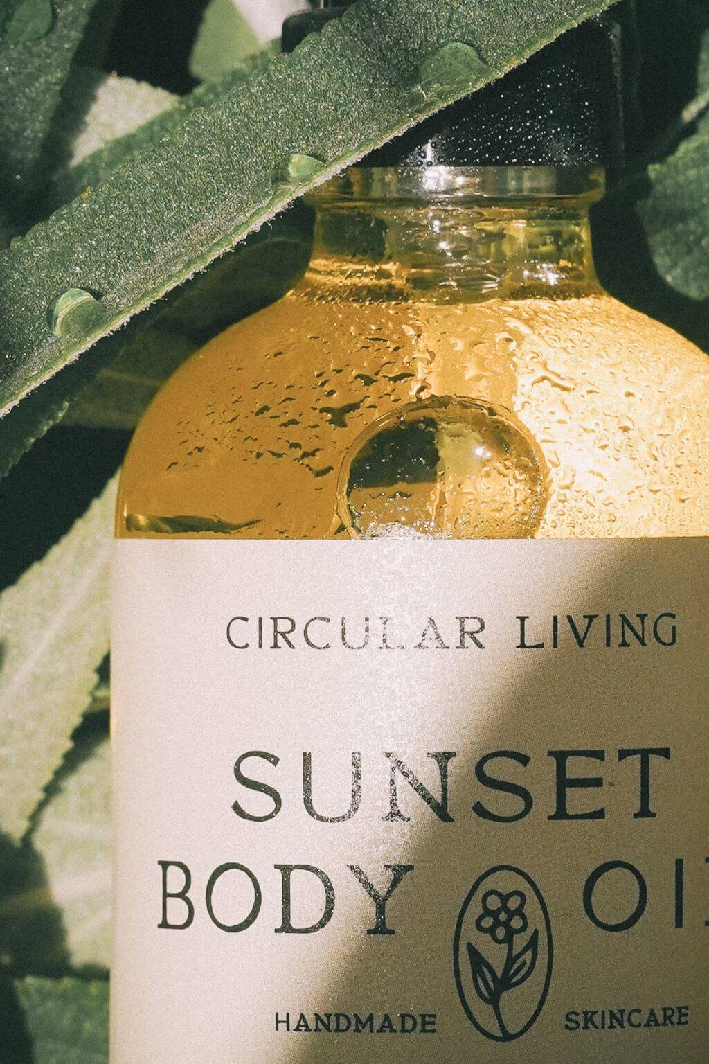 Close-up of Sunset Body Oil nestled among dewy green leaves.