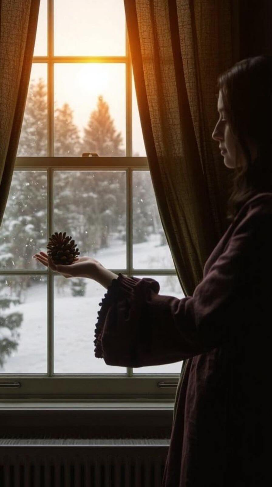 Woman wearing a mulberry linen dress with bell sleevss holding a pinecone in front of a window with a winter scene outside