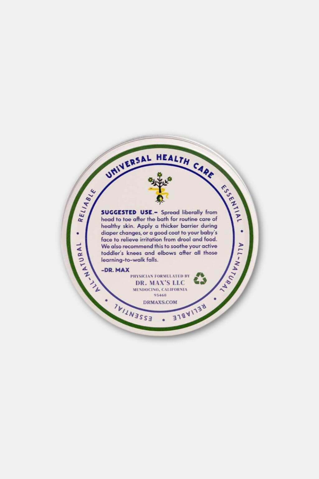 Tin of Dr. Max’s All Natural Baby Balm with lid displayed