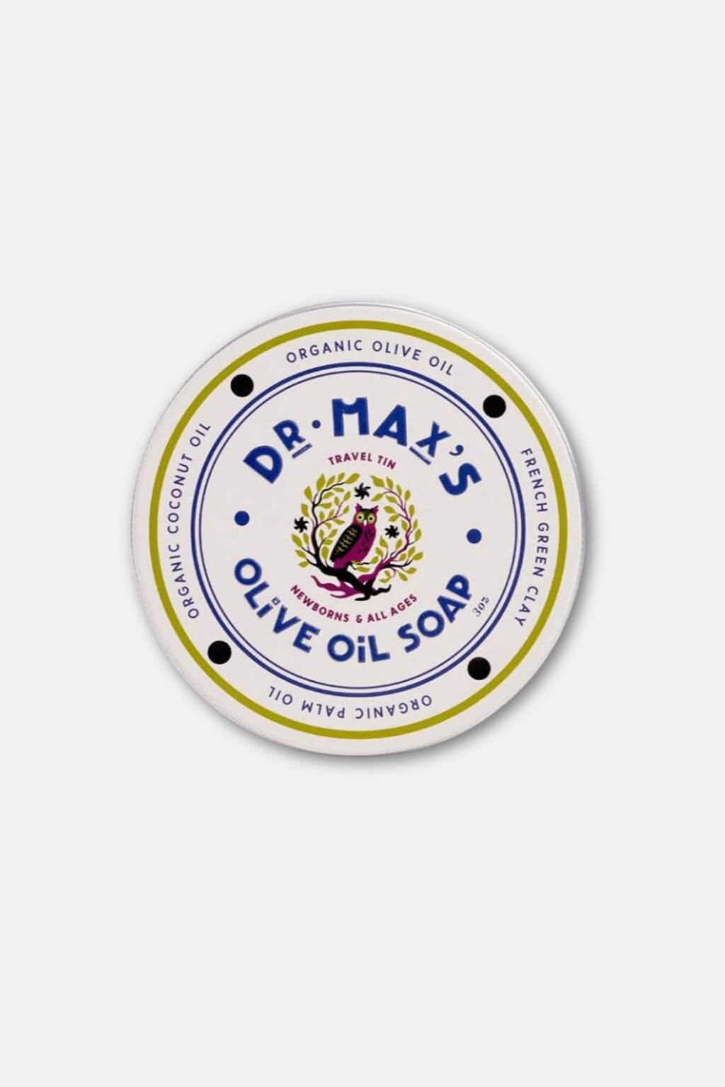 Dr. Max’s Olive Oil Soap tin closed on white background