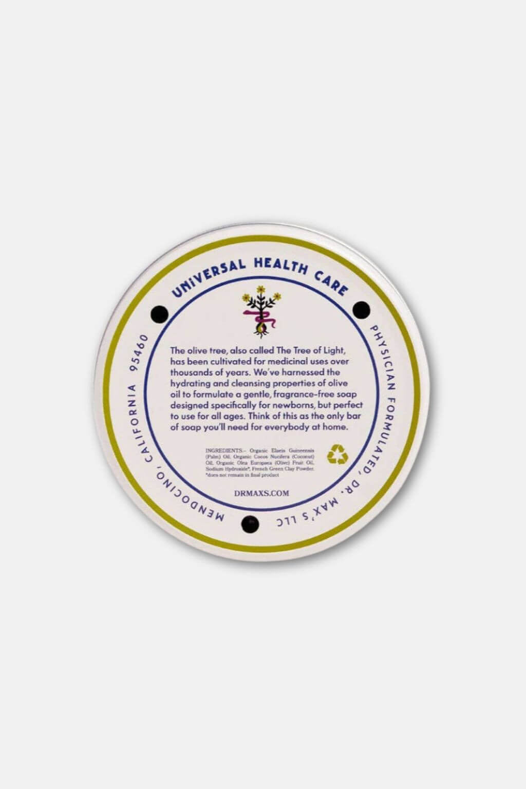 Image showing the back of Dr. Max’s Olive Oil Soap tin closed on white background