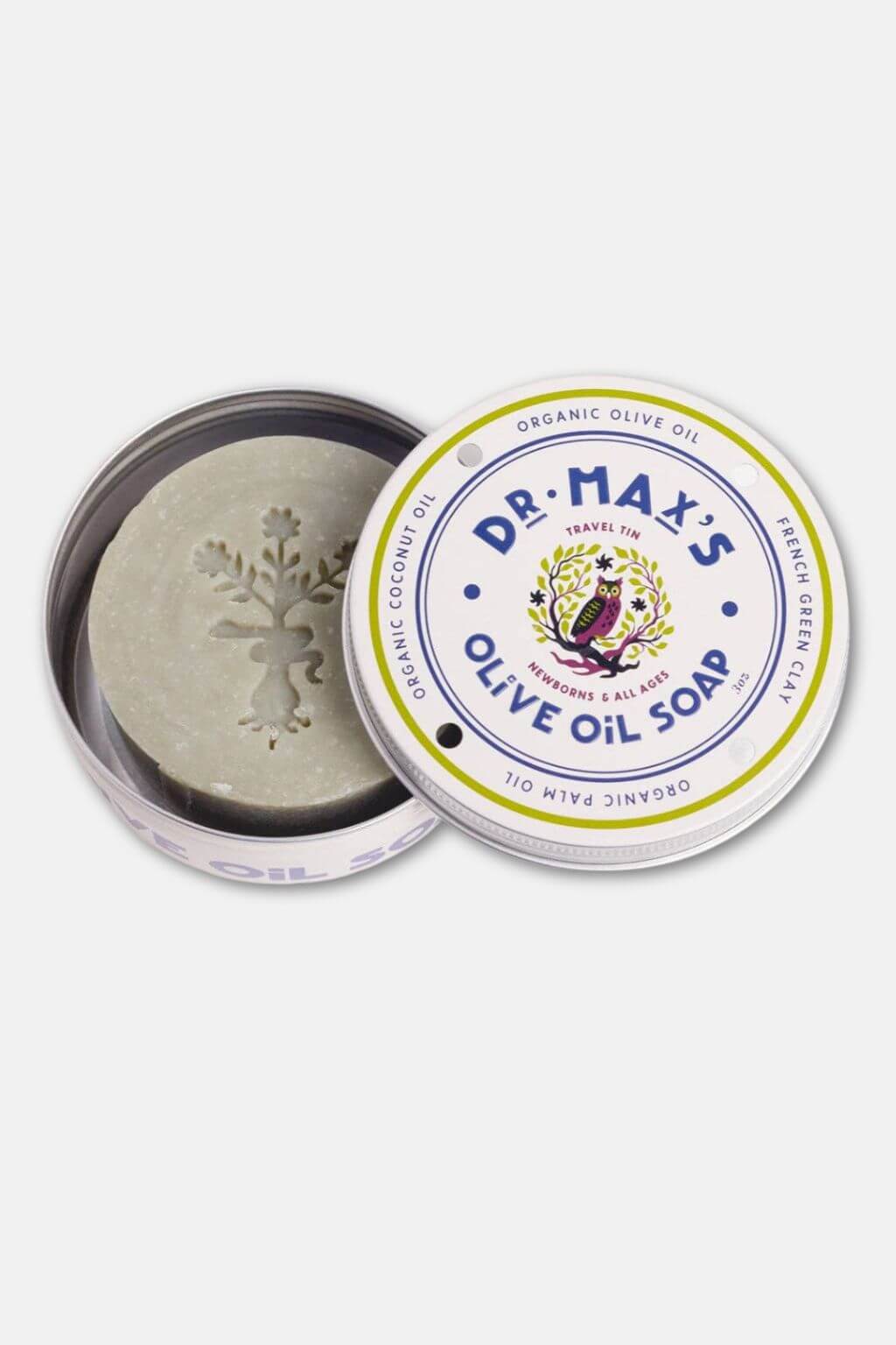 Open tin showing embossed olive oil soap bar