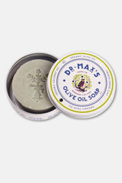 Open tin showing embossed olive oil soap bar