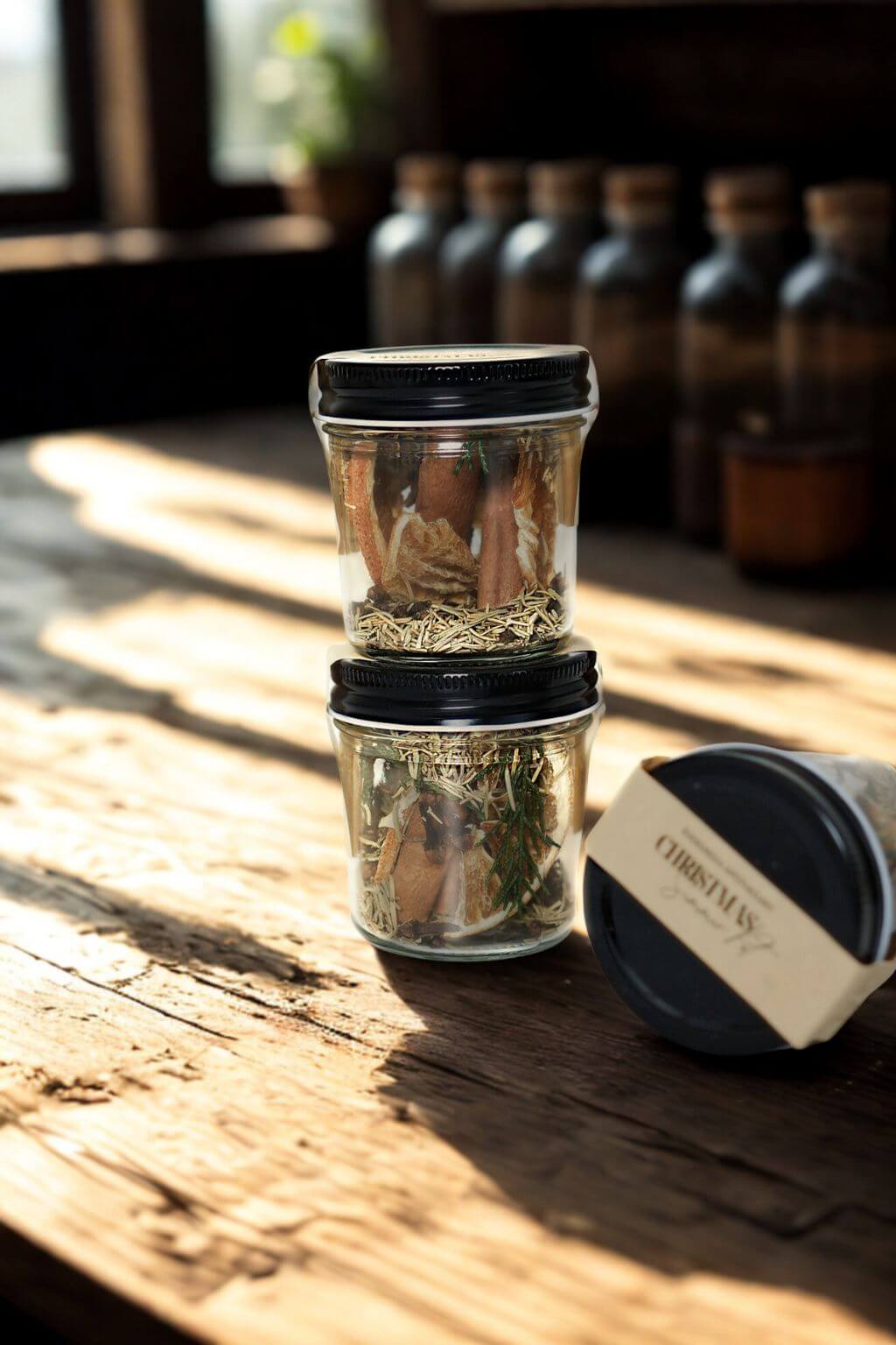 Stacked simmer pot jars in sunlight on wooden counter with apothecary bottles in background