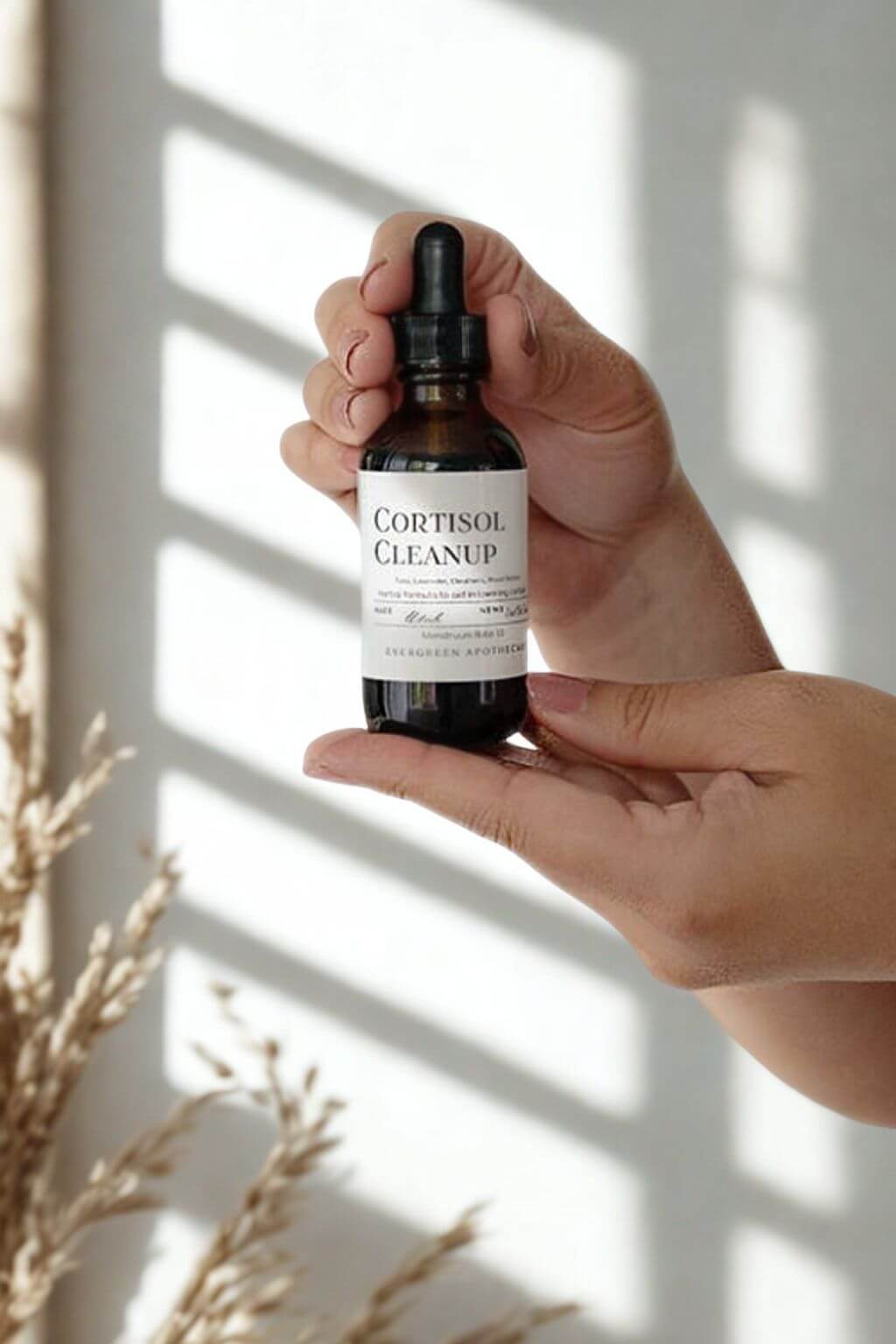 Hand holding amber glass dropper bottle of Cortisol Cleanup Tincture by Evergreen Apothecary