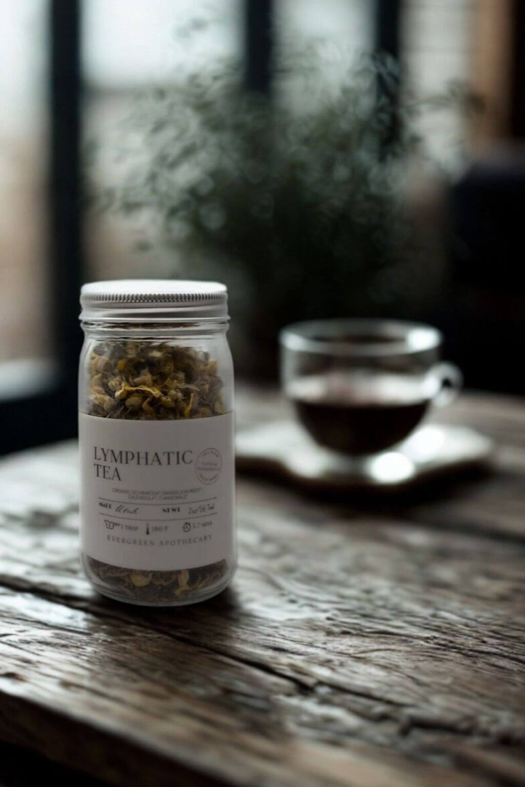 Lymphatic Tea jar beside glass teacup filled with brewed tea on rustic table