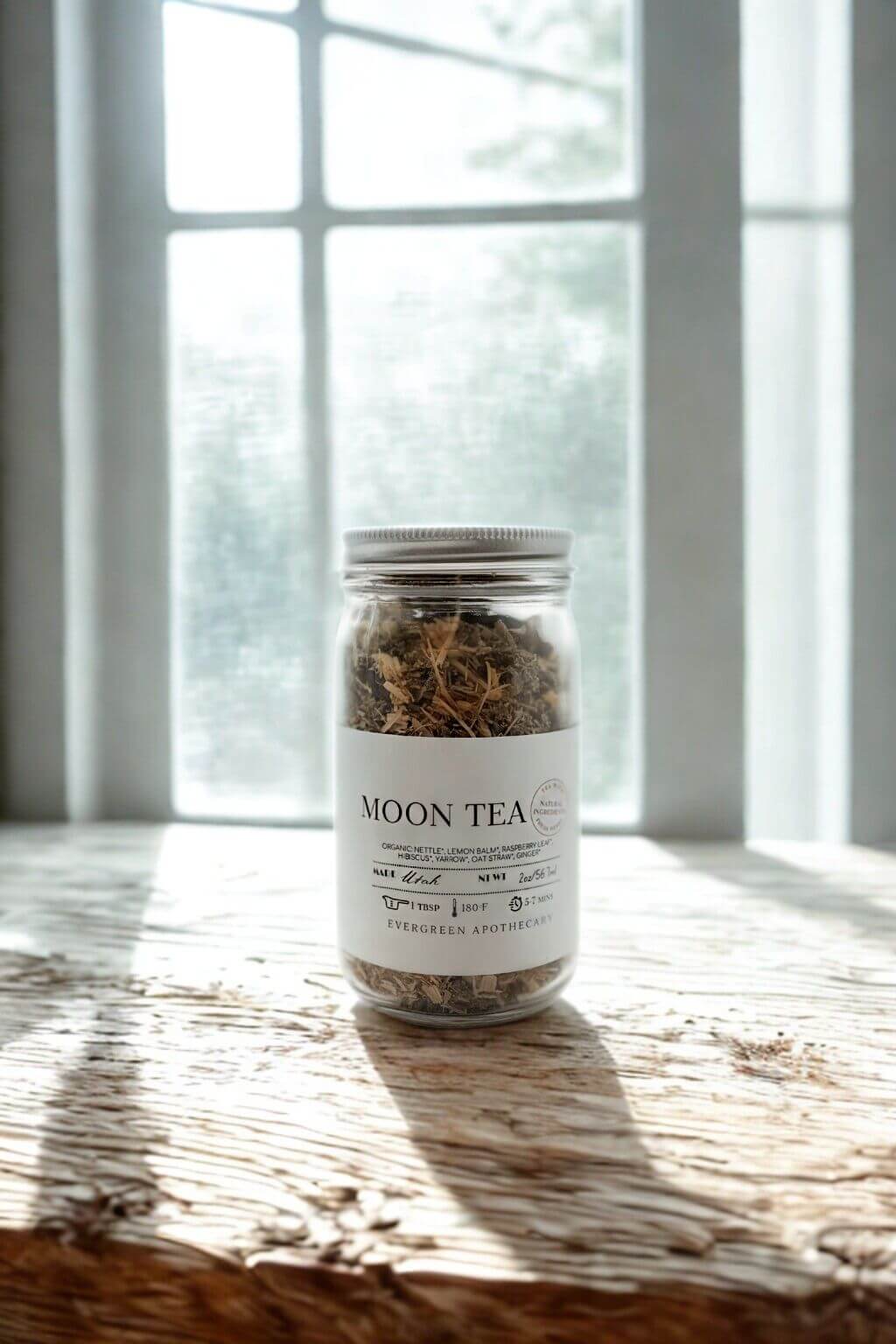 Moon Tea jar from Evergreen Apothecary on wood surface with window light behind