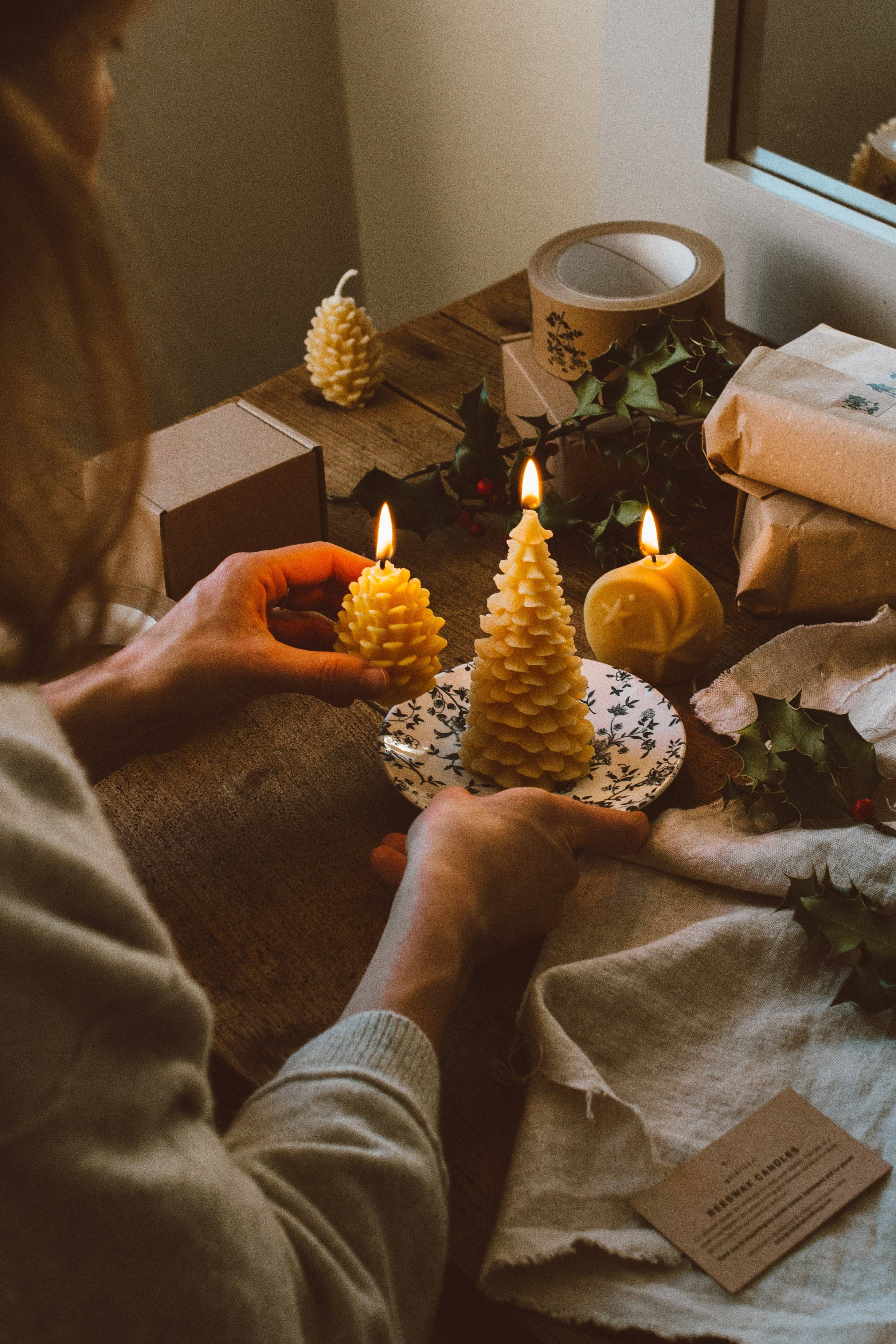 Natural Beeswax Pine Cone Candles, set of 3