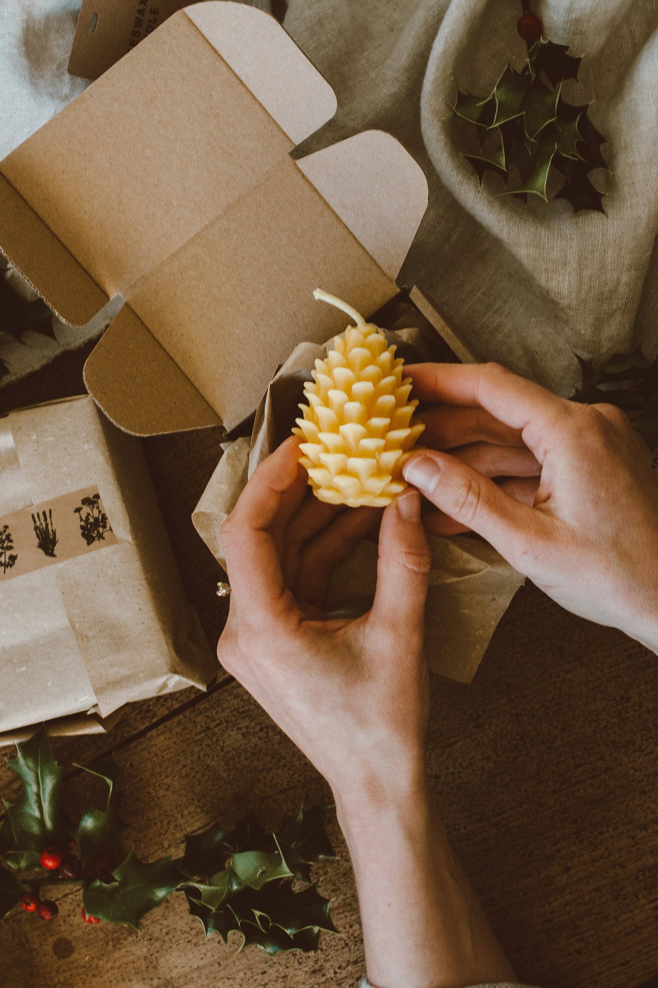 Natural Beeswax Pine Cone Candles, set of 3