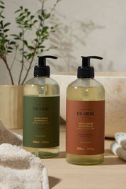 Fer à Cheval Marseille Liquid Soap Orange Blossom and Verbena bottles side by side on counter.