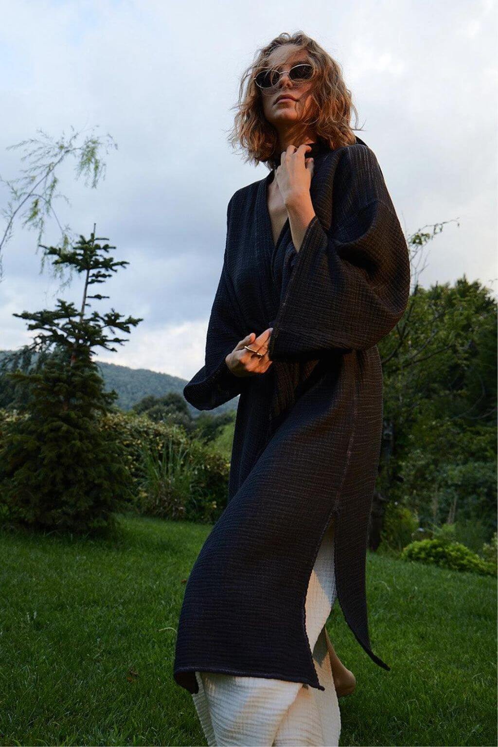 Crinkle Black Kimono