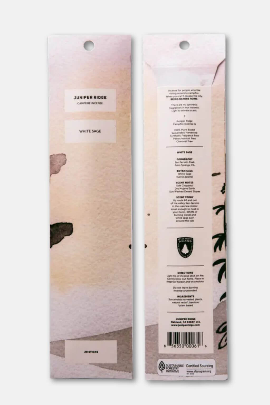 Front and back packaging designs side by side with floral and text elements.
