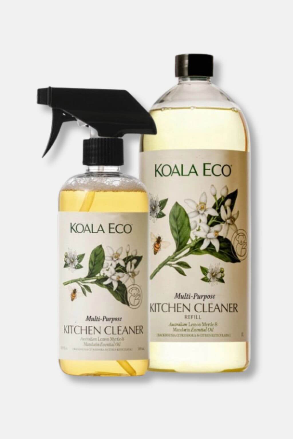Two bottles of Koala Eco kitchen cleaner on a white background