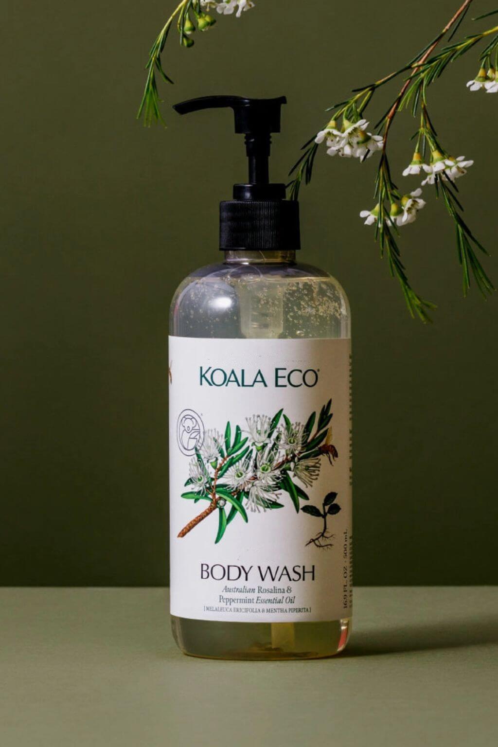 Koala Eco Natural Body Wash bottle with a green background