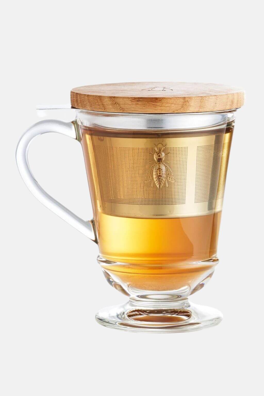Bee Tea Infuser Glass Mug with Wood Lid Cultiverre