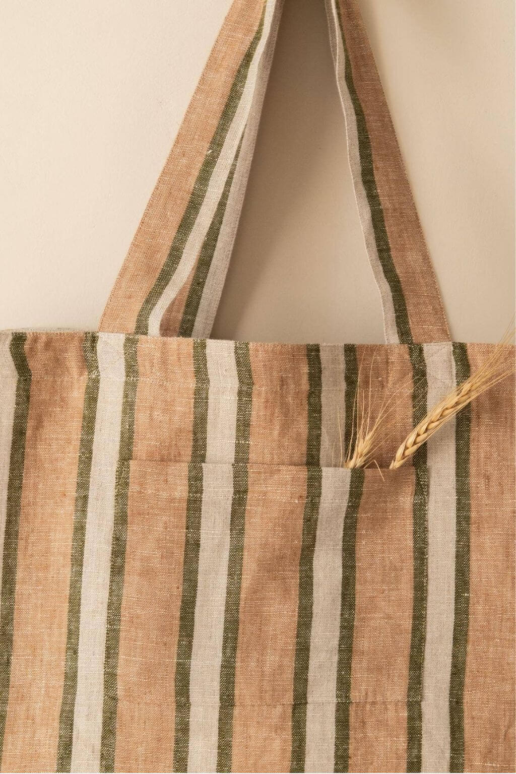 Close-up of Sylph Striped Linen Market Bag pocket and striped linen texture