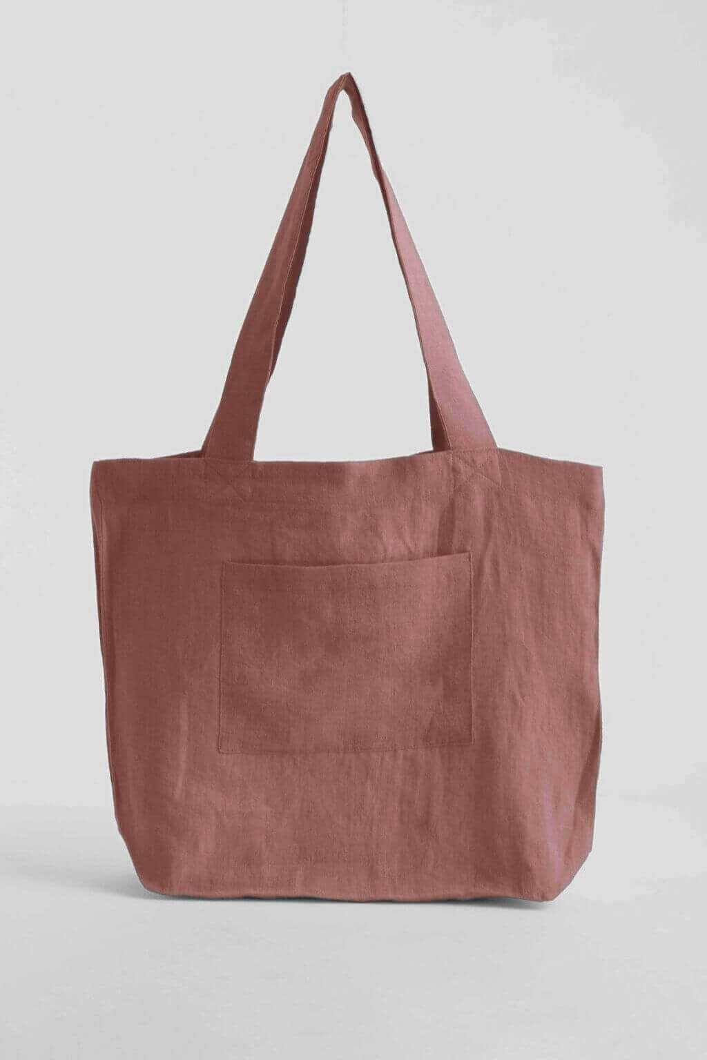 Handcrafted cinnamon brown linen market tote bag with front pocket