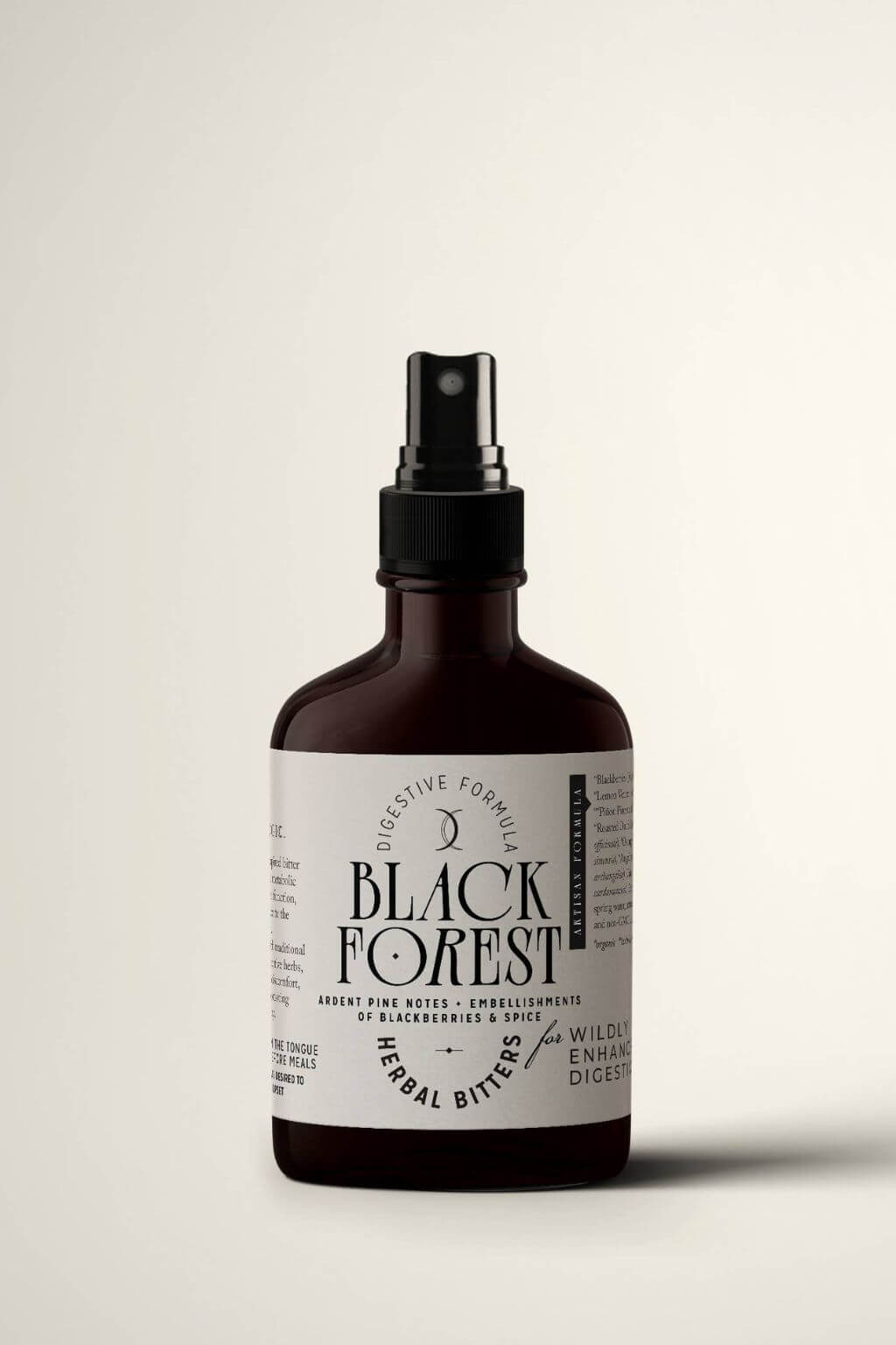 Lunar Logic Black Forest Herbal Bitters in glass flask with spray top