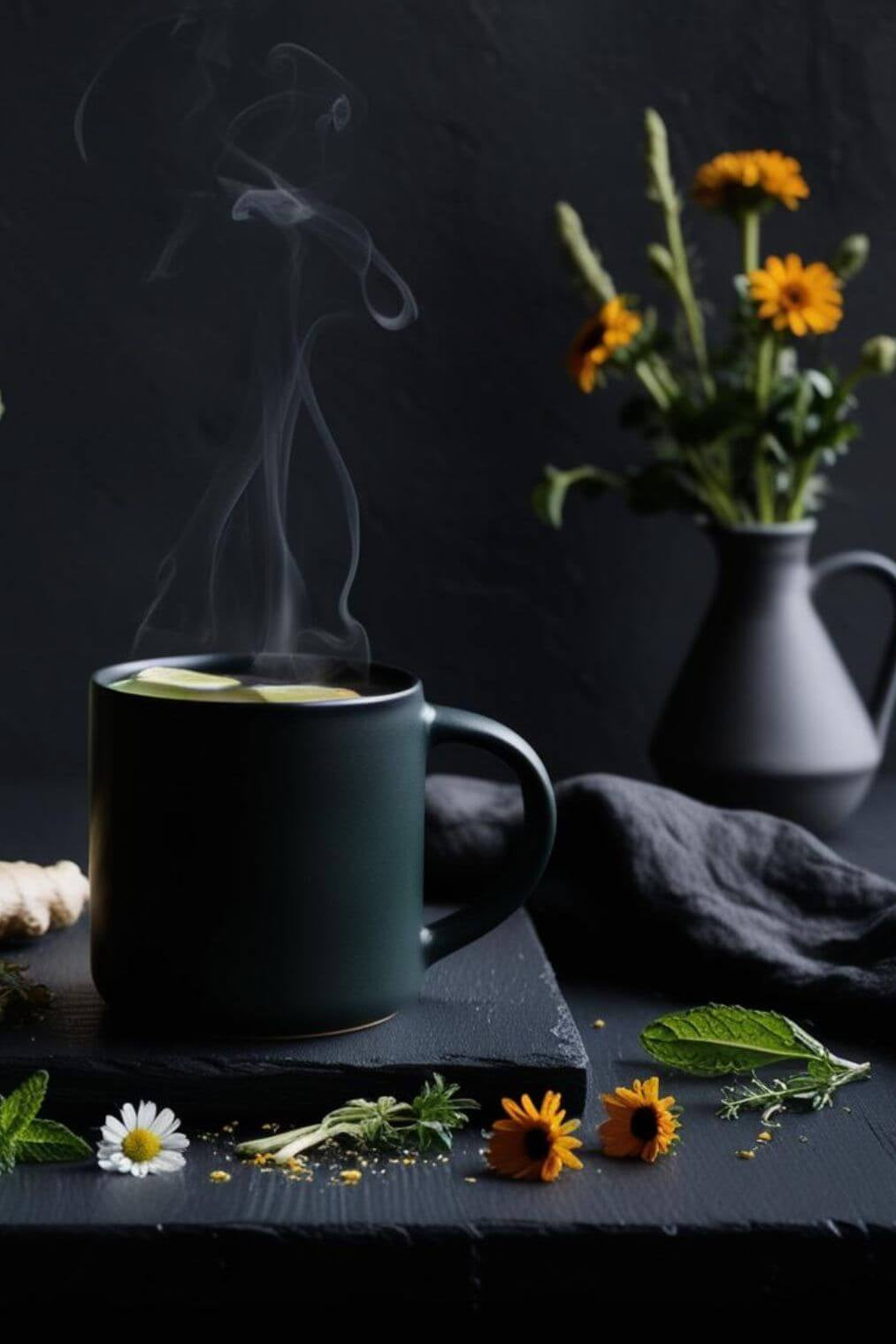 Steaming cup of Lunar Logic Constellations Within Gut Restoration Tea with fresh chamomile, calendula, and mint