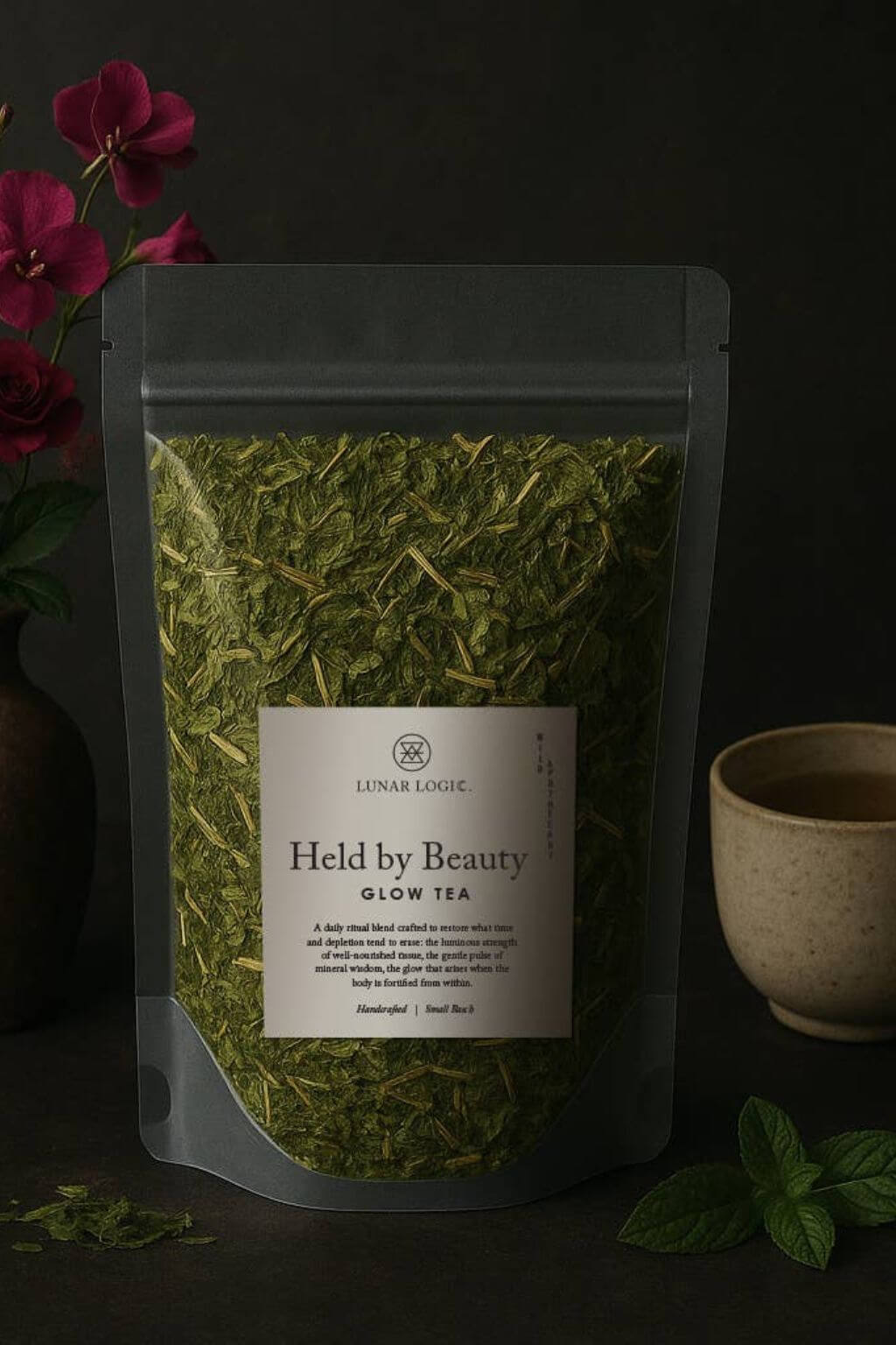 Lunar Logic Held by Beauty Glow Tea in resealable pouch with apothecary label