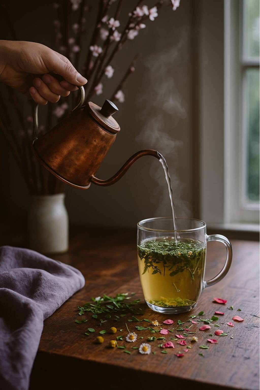 Pouring hot water into glass mug of Lunar Logic Held by Beauty Glow Tea with herbs and petals