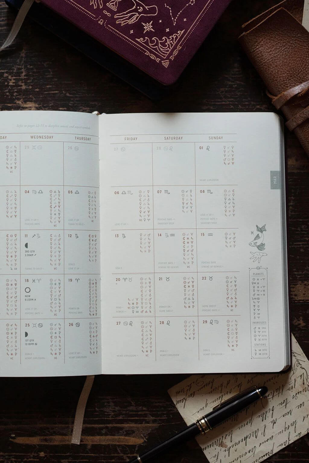 Magic of I planner interior showing March 2026 moon phases and astrological transits