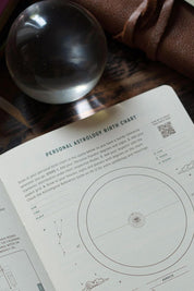 Close-up of astrology planner pages with lunar phases and symbolic illustrations