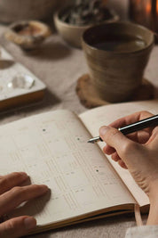 Open planner showing monthly overview with moons and zodiac dates