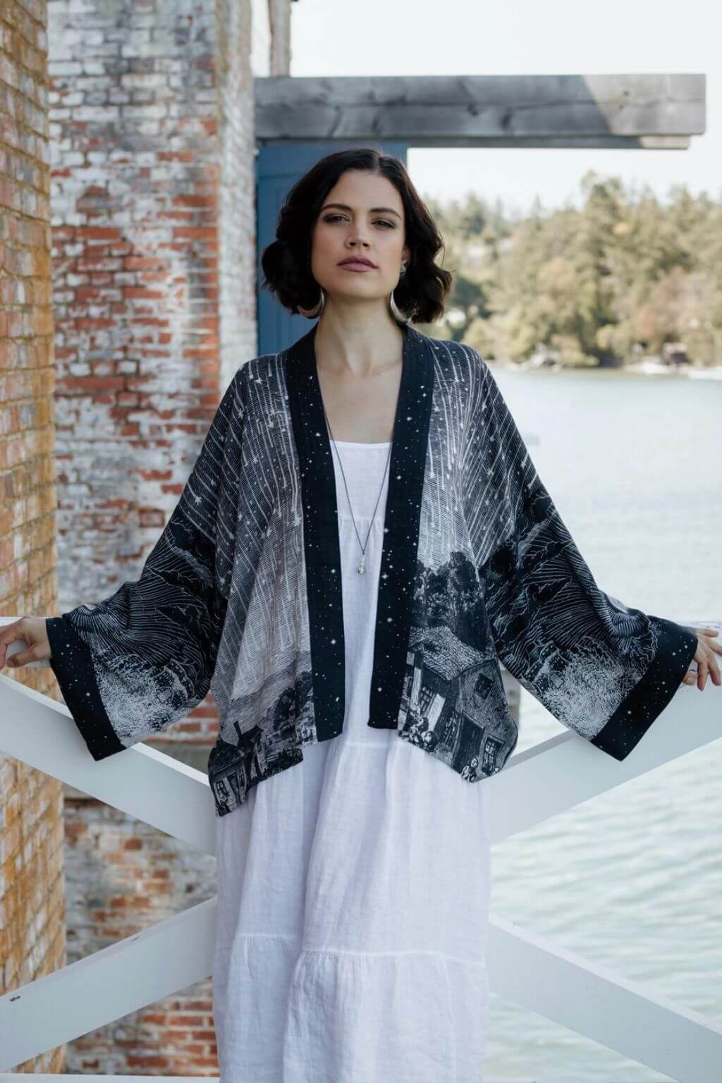 Stargazer Cropped Bamboo Kimono Cardigan with Falling Stars