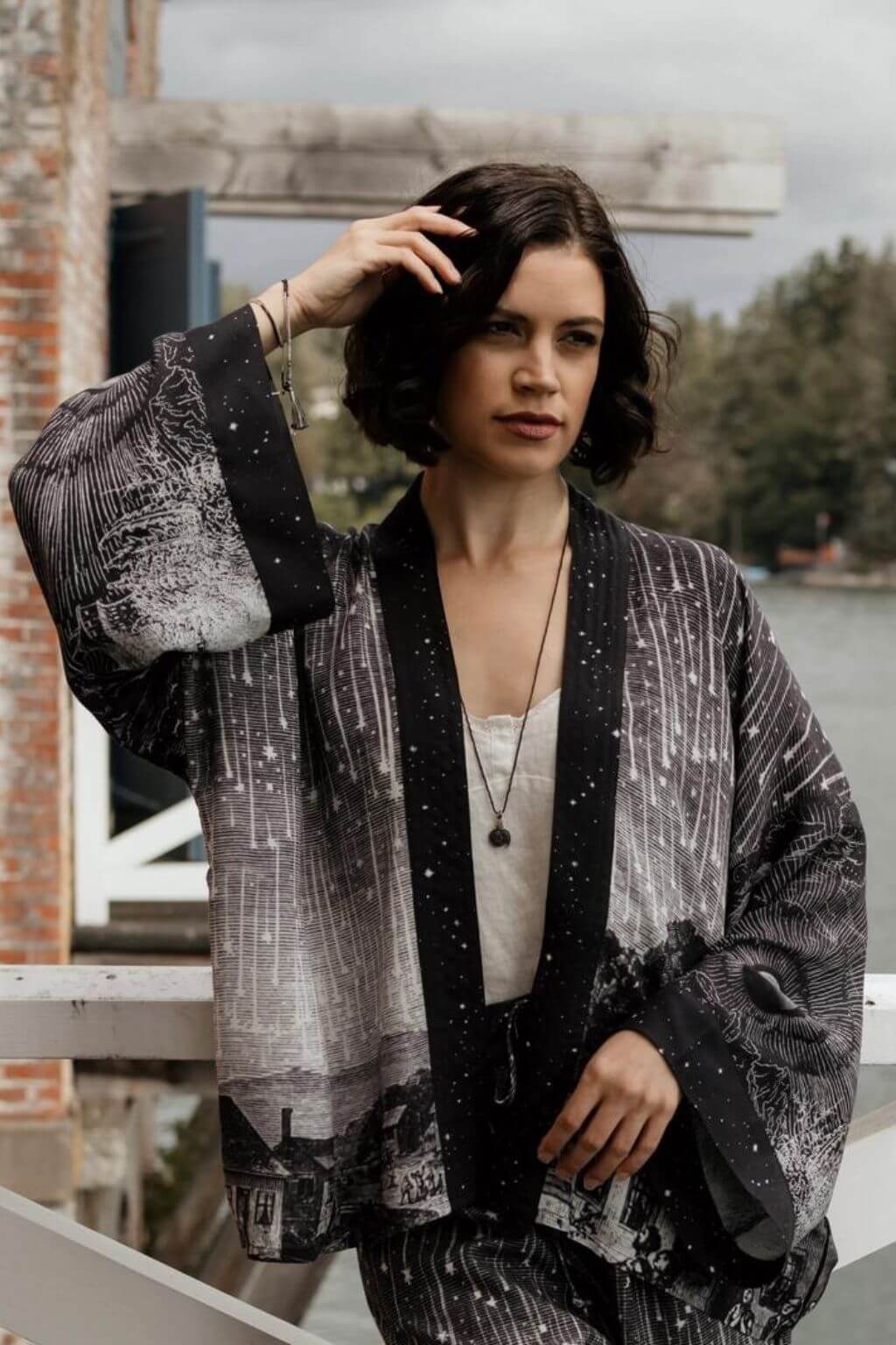 Stargazer Cropped Bamboo Kimono Cardigan with Falling Stars