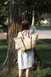 French Market Harvesting Basket Backpack with Brown Leather Straps