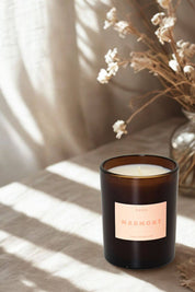 ROEN Marmont candle with box in soft window light