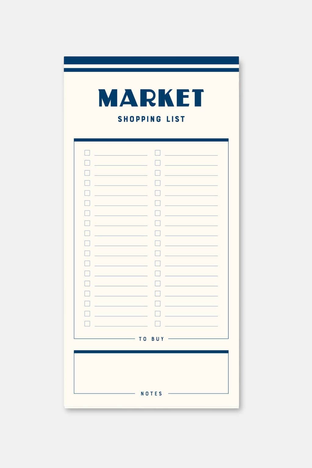 Retro French blue market list notepad on white background featuring two column design and checkboxes