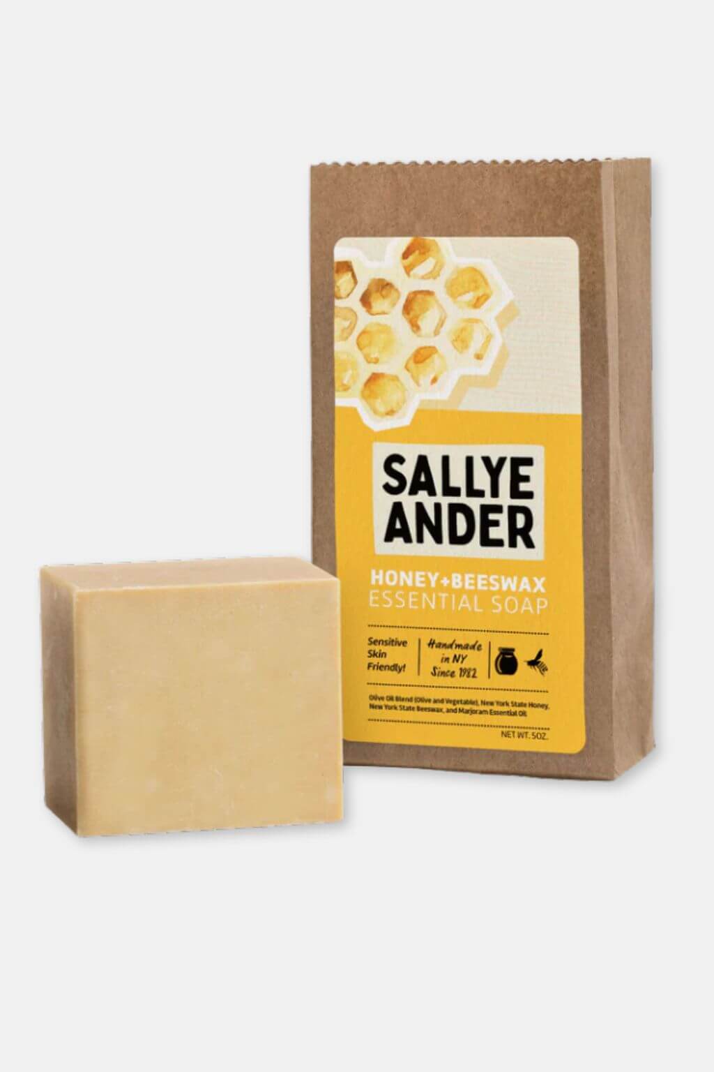 Sallye Ander honey-beeswax essential soap with packaging on a white background