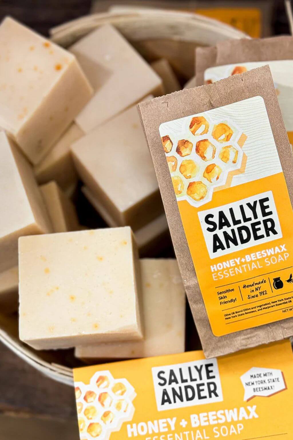 Sallye Ander honey beeswax essential soap bars with packaging.