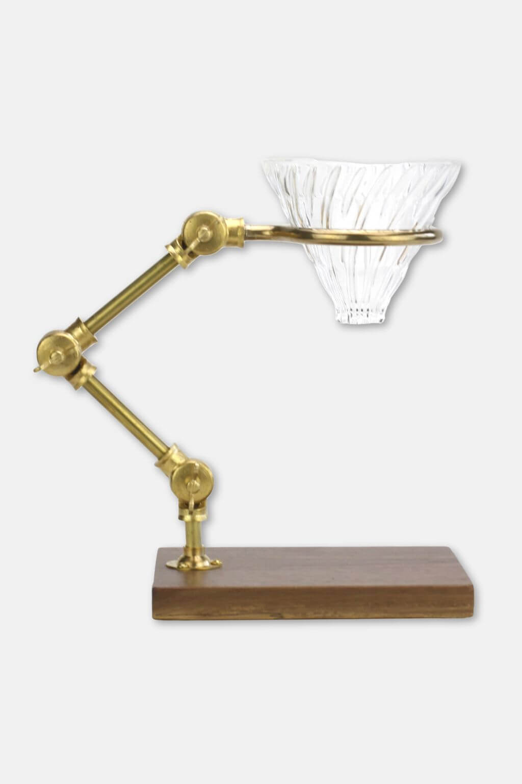 Side profile of The Curator Pour Over Stand showing brass joints and glass cone.