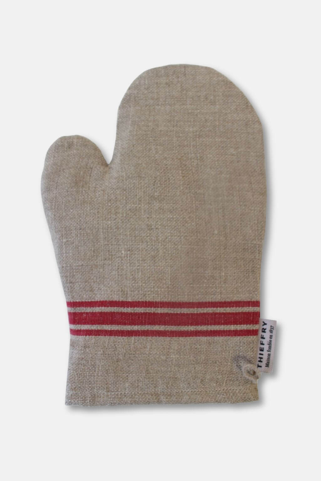 Thieffry red stripe linen oven glove on white background