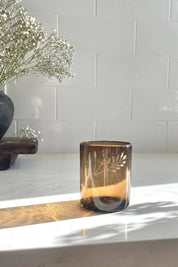 Dark Amber Handblown Etched Tumbler Glass