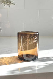 Dark Amber Handblown Etched Tumbler Glass