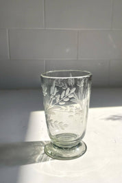 Tall Handblown Floral Etched Footed Glass