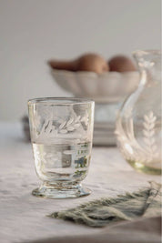 Handblown Floral Etched Footed Glass