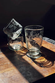 Tall Handblown Floral Etched Footed Glass