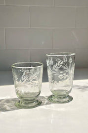 Handblown Floral Etched Footed Glass