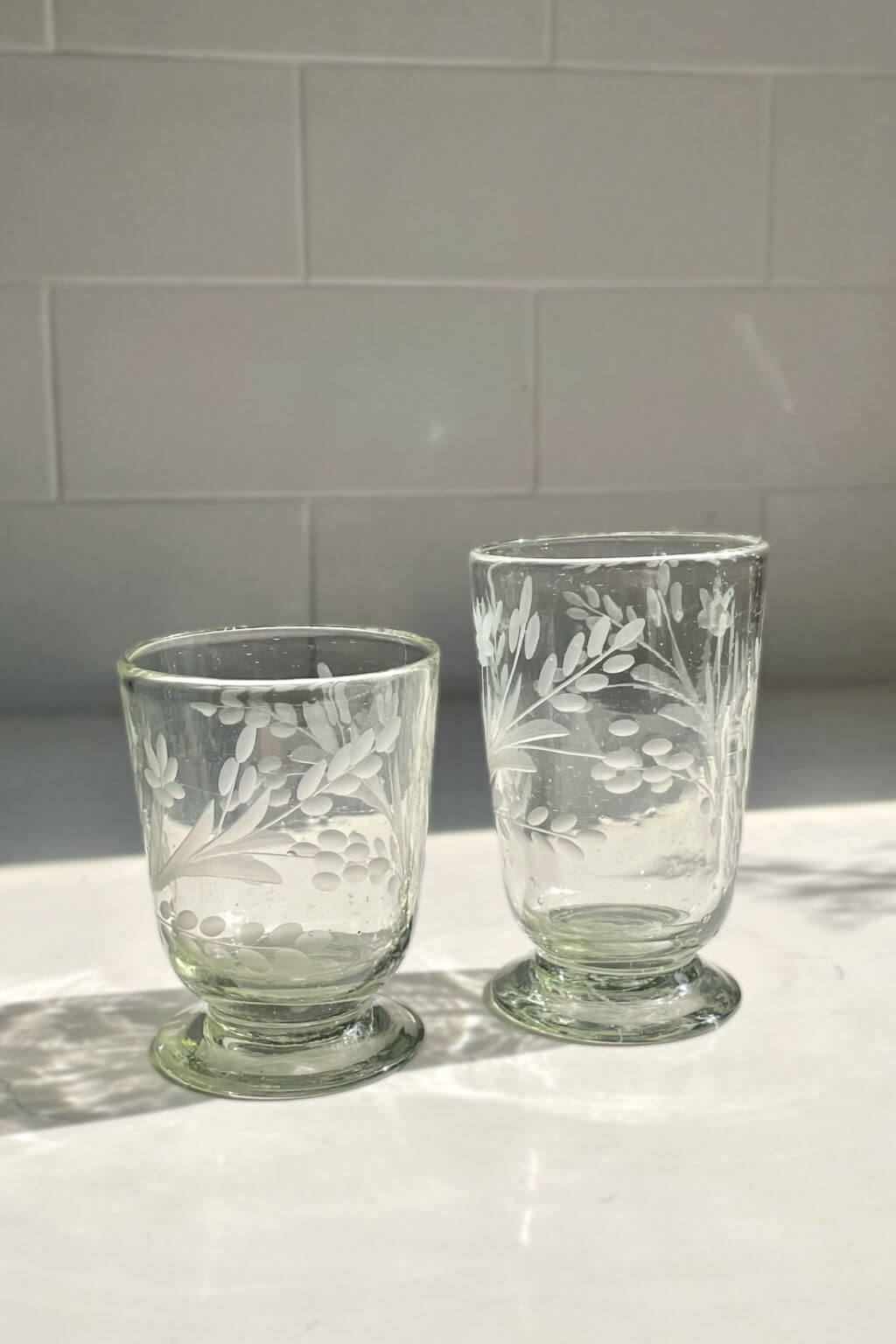 Tall Handblown Floral Etched Footed Glass