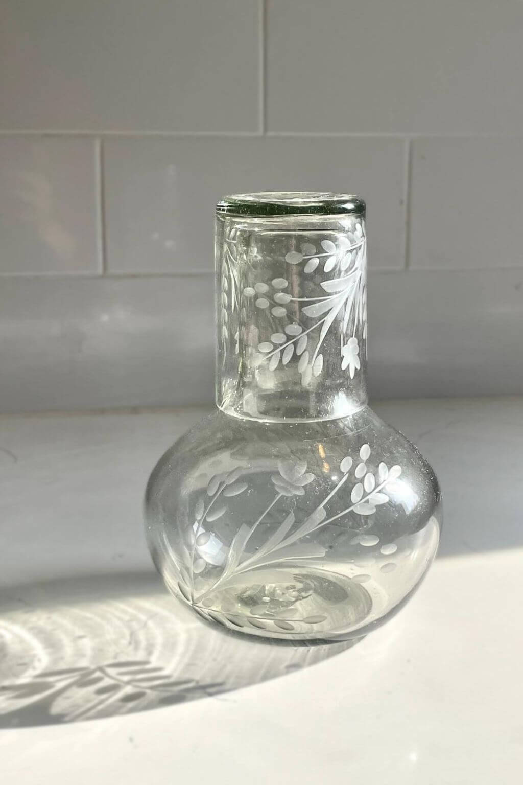 Handblown Floral Etched Carafe Set