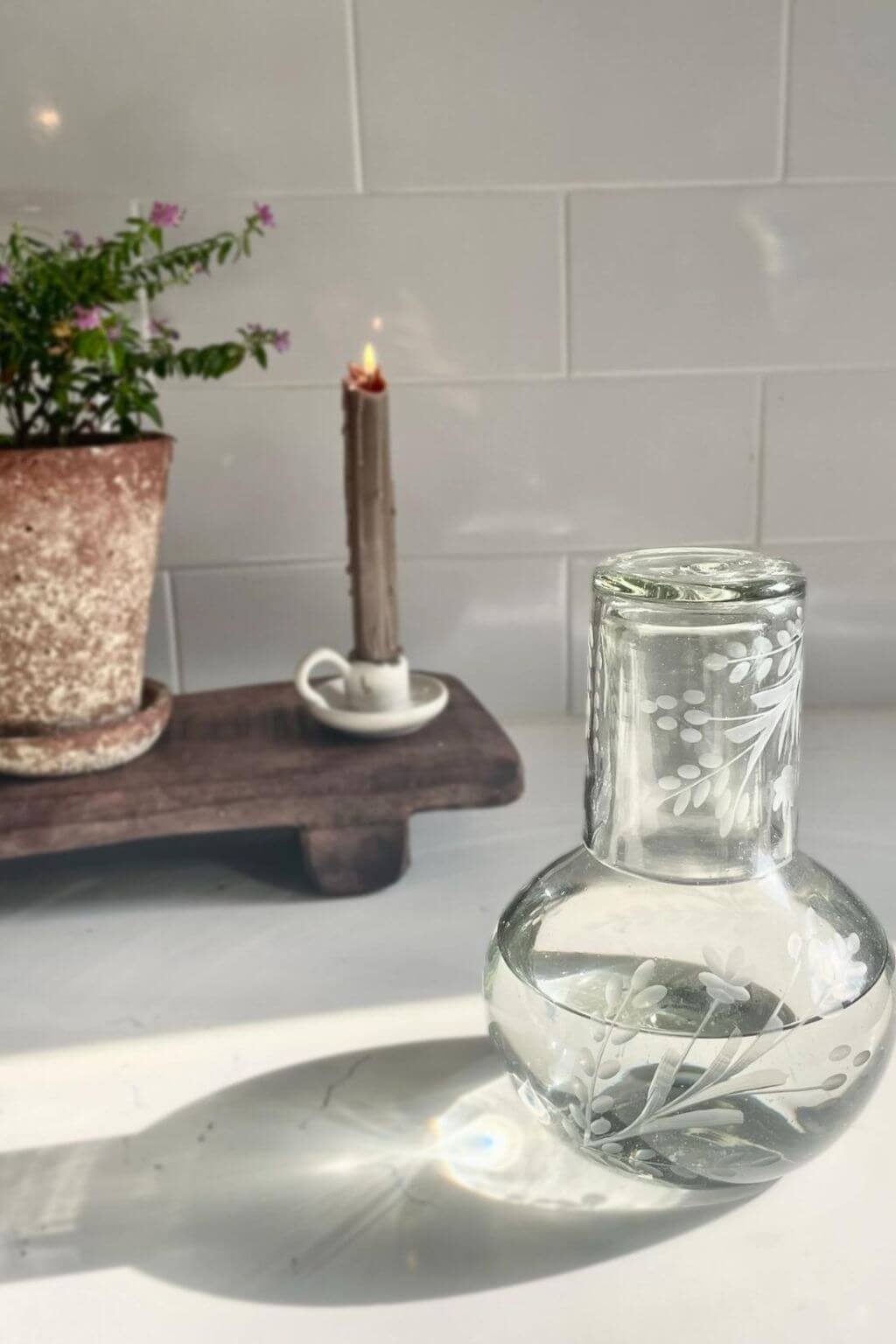 Handblown Floral Etched Carafe Set