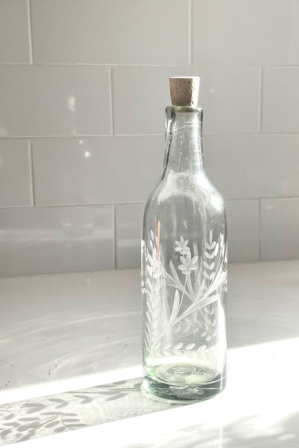 Handblown Floral Etched Bottle