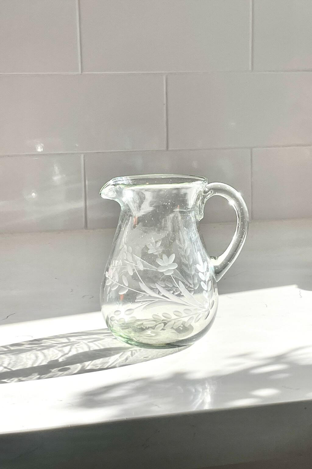 Handblown Floral Etched Petite Pitcher