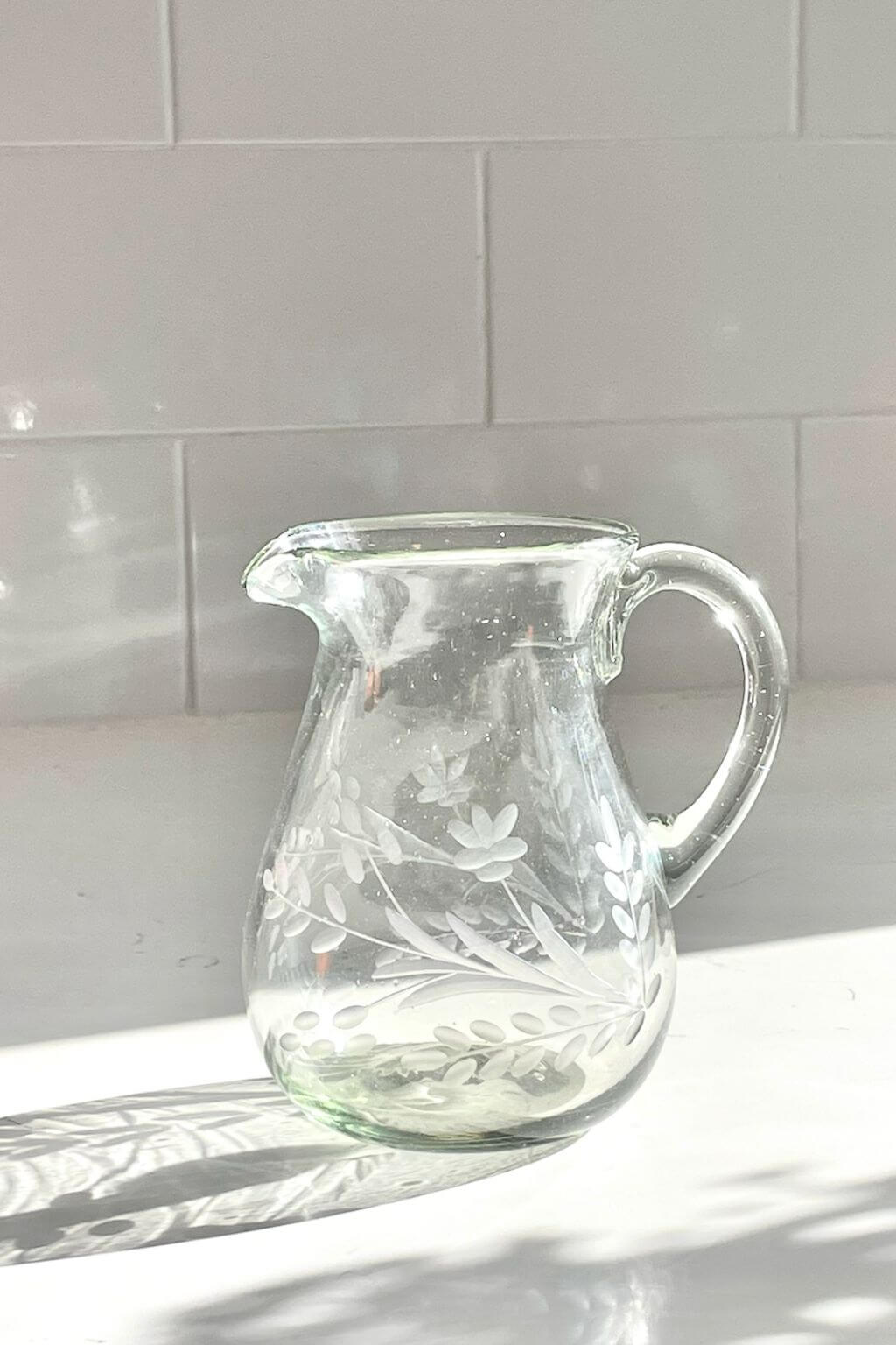 Handblown Floral Etched Petite Pitcher