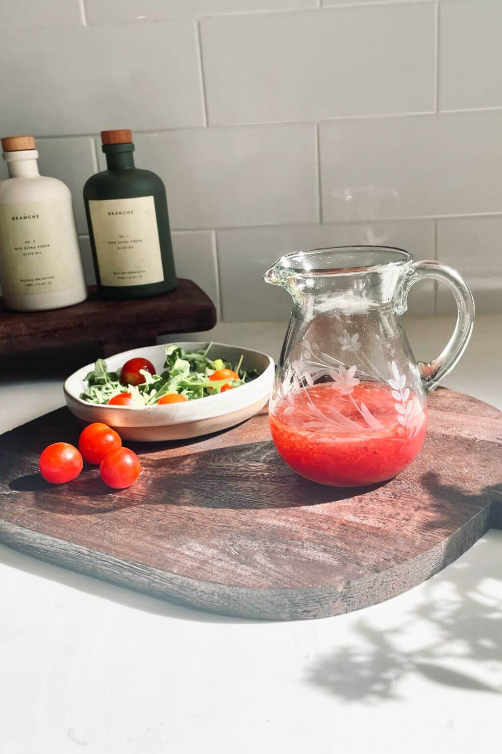 Handblown Floral Etched Petite Pitcher